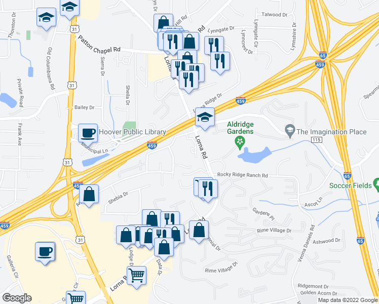 map of restaurants, bars, coffee shops, grocery stores, and more near 3521 Lorna Road in Birmingham