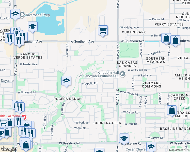 map of restaurants, bars, coffee shops, grocery stores, and more near 6523 South 44th Lane in Phoenix