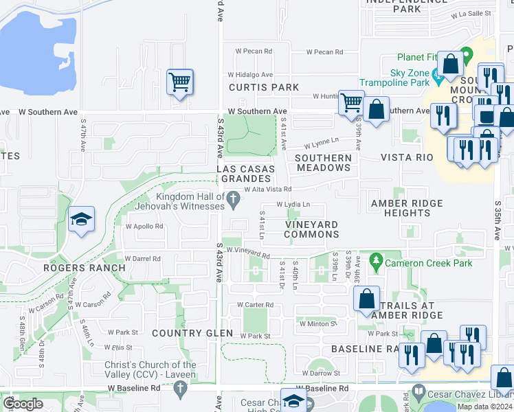 map of restaurants, bars, coffee shops, grocery stores, and more near 6510 South 41st Lane in Phoenix