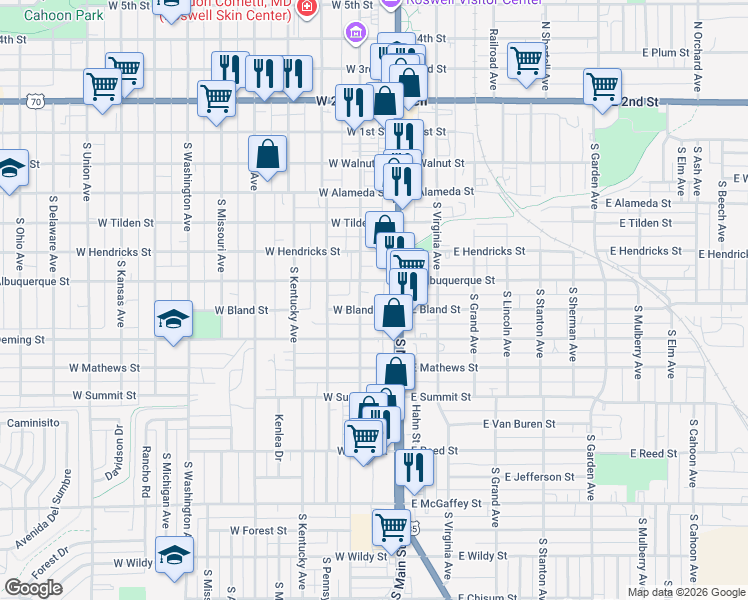 map of restaurants, bars, coffee shops, grocery stores, and more near 606-698 S Richardson Ave in Roswell