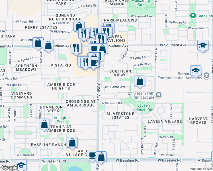map of restaurants, bars, coffee shops, grocery stores, and more near 3428 West Saint Anne Avenue in Phoenix