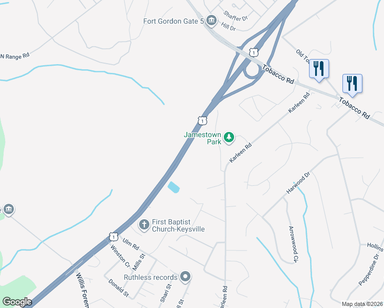 map of restaurants, bars, coffee shops, grocery stores, and more near 3892 Deans Bridge Road in Hephzibah