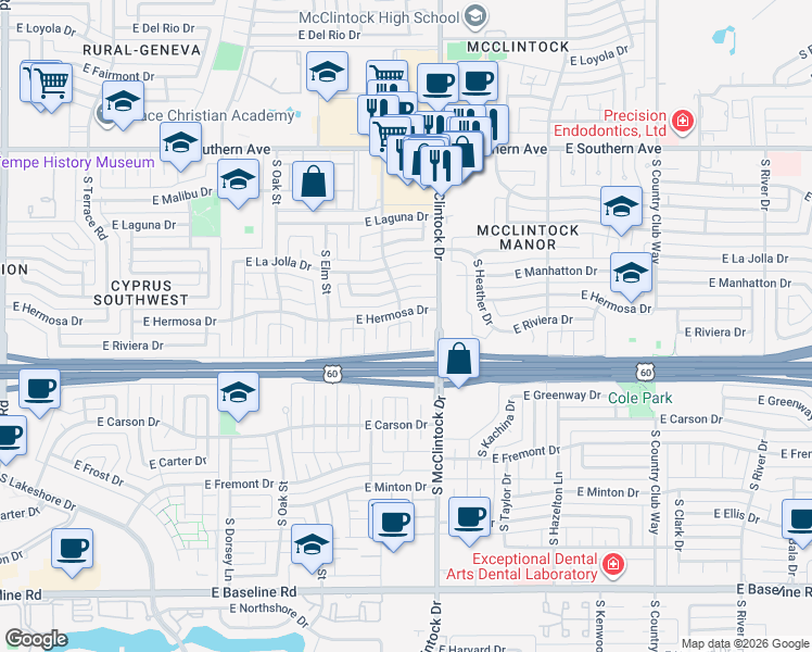 map of restaurants, bars, coffee shops, grocery stores, and more near 3909 South Butte Avenue in Tempe