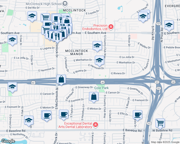map of restaurants, bars, coffee shops, grocery stores, and more near 4013 South Hazelton Lane in Tempe