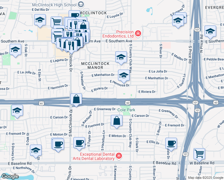 map of restaurants, bars, coffee shops, grocery stores, and more near 4013 South Hazelton Lane in Tempe