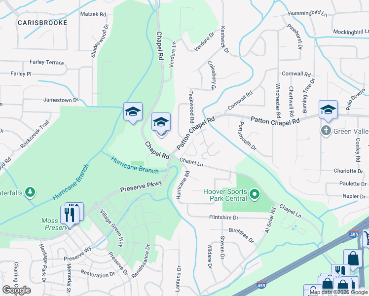 map of restaurants, bars, coffee shops, grocery stores, and more near 3416 Ivy Chase Circle in Birmingham
