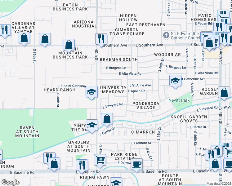 map of restaurants, bars, coffee shops, grocery stores, and more near 4105 East Apollo Road in Phoenix