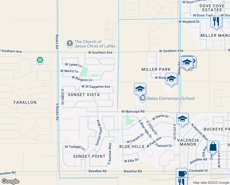 map of restaurants, bars, coffee shops, grocery stores, and more near 6543 South 255th Drive in Buckeye