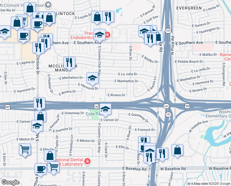 map of restaurants, bars, coffee shops, grocery stores, and more near 2048 East Riviera Drive in Tempe