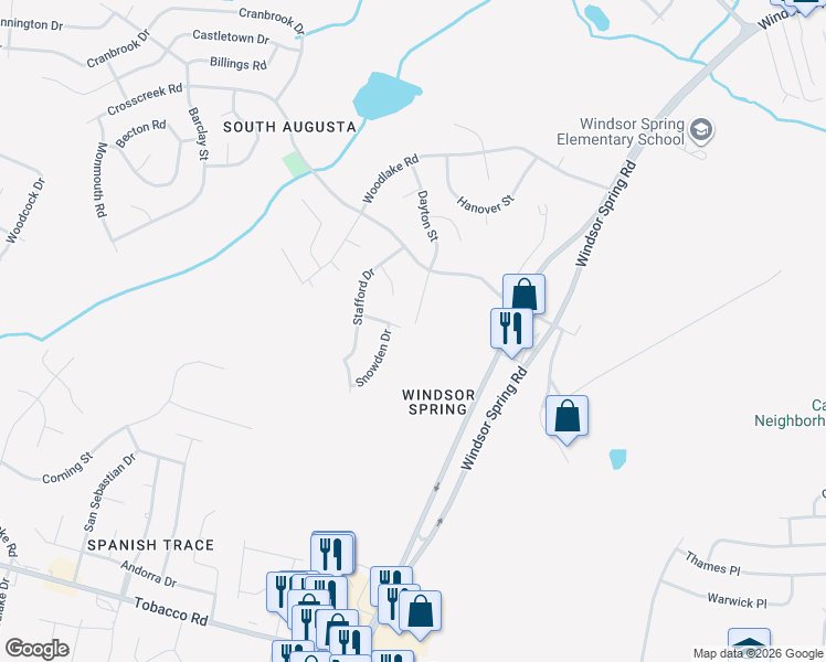 map of restaurants, bars, coffee shops, grocery stores, and more near 3617 Dayton Street in Hephzibah