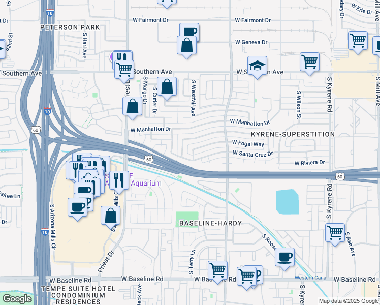 map of restaurants, bars, coffee shops, grocery stores, and more near 3936 South Westfall Avenue in Tempe