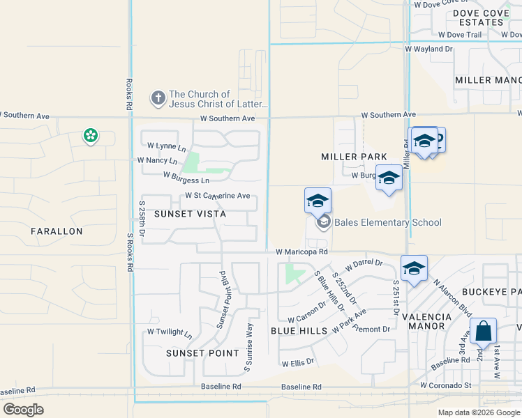 map of restaurants, bars, coffee shops, grocery stores, and more near 6543 South 255th Drive in Buckeye