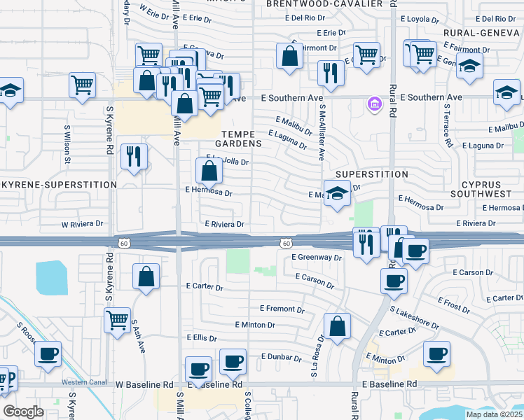 map of restaurants, bars, coffee shops, grocery stores, and more near 325 East Hermosa Drive in Tempe