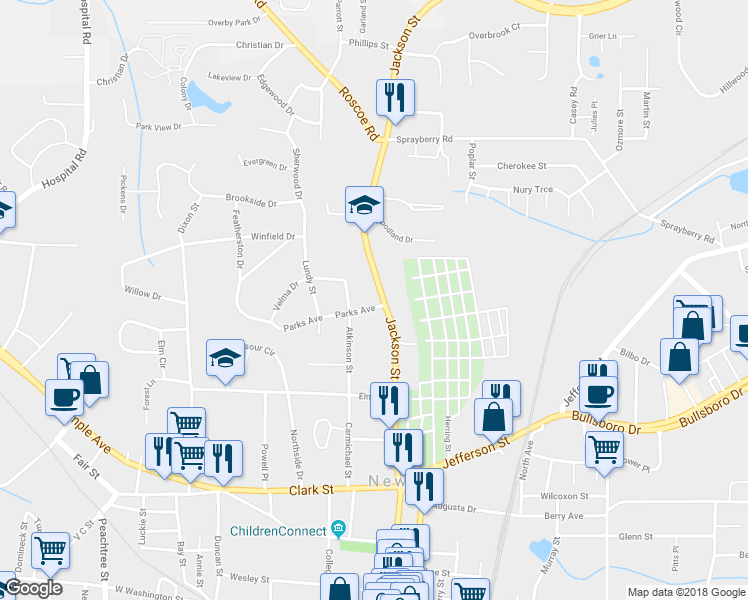 map of restaurants, bars, coffee shops, grocery stores, and more near 158 Jackson Street in Newnan