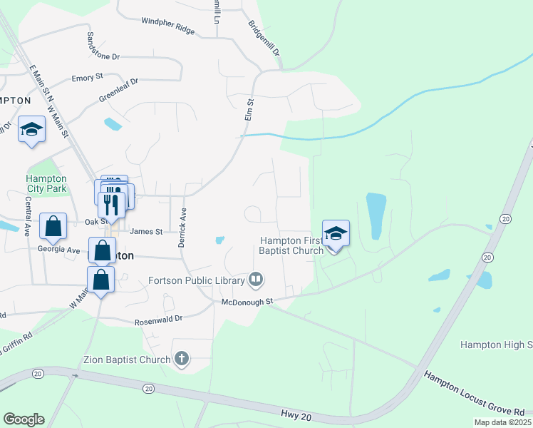 map of restaurants, bars, coffee shops, grocery stores, and more near 341 Peachtree Circle in Hampton