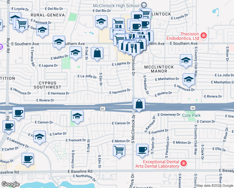 map of restaurants, bars, coffee shops, grocery stores, and more near 3912 South Willow Drive in Tempe