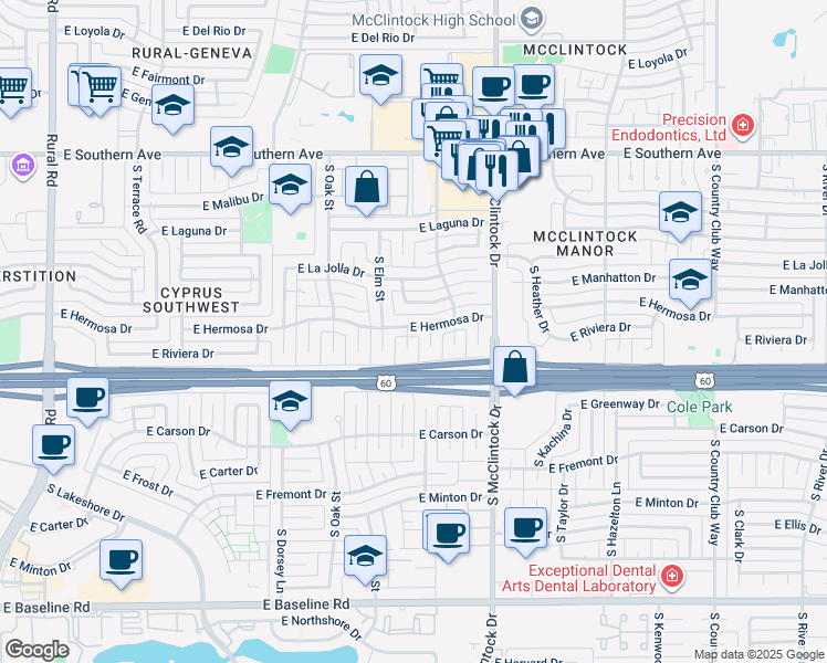 map of restaurants, bars, coffee shops, grocery stores, and more near 3912 South Willow Drive in Tempe