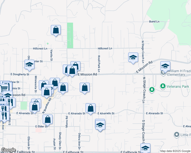 map of restaurants, bars, coffee shops, grocery stores, and more near 1331 East Mission Road in Fallbrook