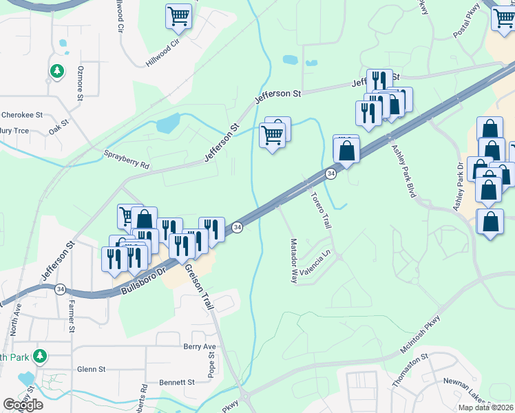 map of restaurants, bars, coffee shops, grocery stores, and more near 104 Bullsboro Drive in Newnan