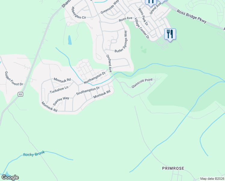 map of restaurants, bars, coffee shops, grocery stores, and more near 2424 Montauk Road in Hoover