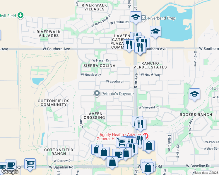 map of restaurants, bars, coffee shops, grocery stores, and more near 5238 West Lydia Lane in Phoenix