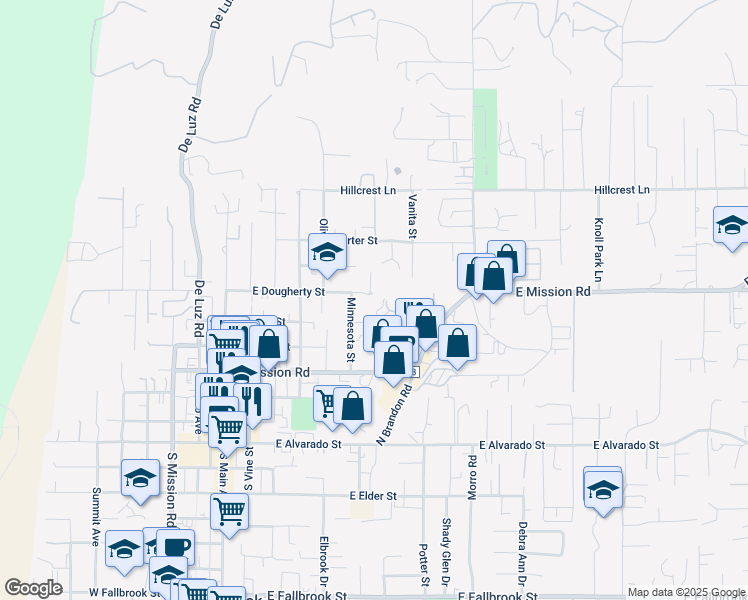 map of restaurants, bars, coffee shops, grocery stores, and more near 639 East Dougherty Street in Fallbrook