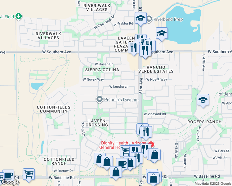 map of restaurants, bars, coffee shops, grocery stores, and more near 5238 West Lydia Lane in Phoenix