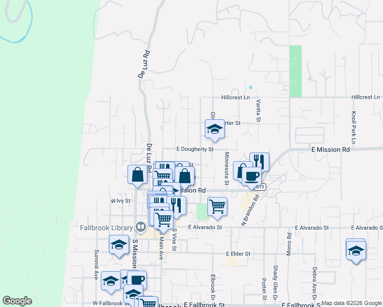 map of restaurants, bars, coffee shops, grocery stores, and more near 309 East Dougherty Street in Fallbrook