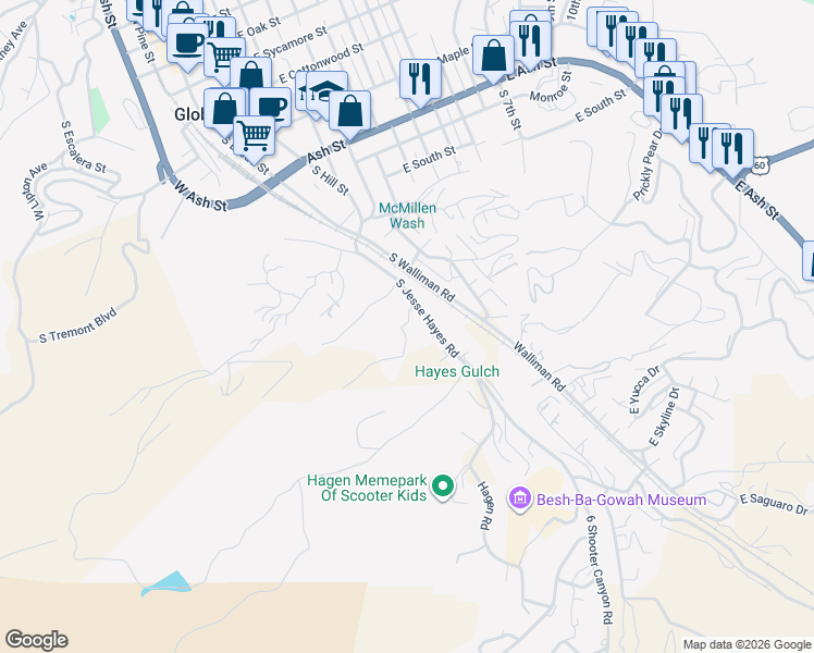 map of restaurants, bars, coffee shops, grocery stores, and more near 235 Westridge Drive in Globe