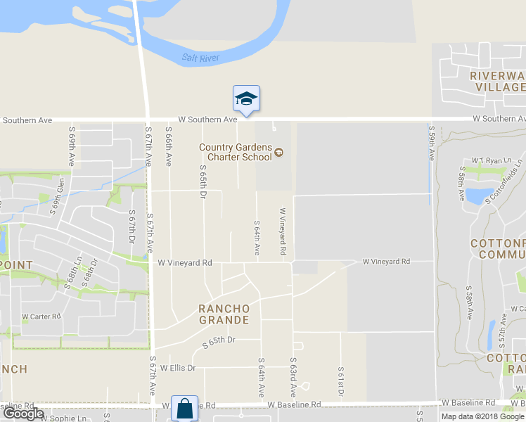 map of restaurants, bars, coffee shops, grocery stores, and more near 6433 South 64th Avenue in Maricopa County