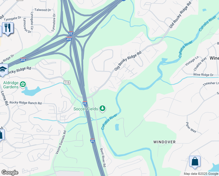 map of restaurants, bars, coffee shops, grocery stores, and more near 1317 Riverford Circle in Birmingham