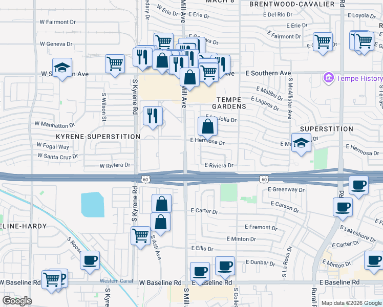 map of restaurants, bars, coffee shops, grocery stores, and more near 4171 South Mill Avenue in Tempe