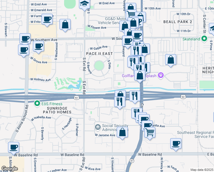 map of restaurants, bars, coffee shops, grocery stores, and more near 1515 South Extension Road in Mesa