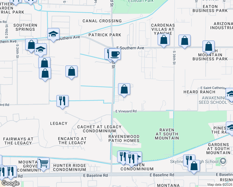 map of restaurants, bars, coffee shops, grocery stores, and more near 6445 South 32nd Street in Phoenix