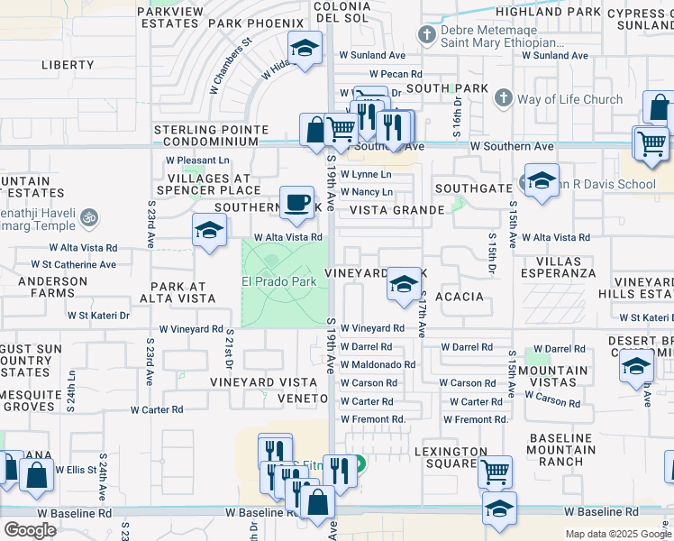 map of restaurants, bars, coffee shops, grocery stores, and more near 1841 West Lydia Lane in Phoenix