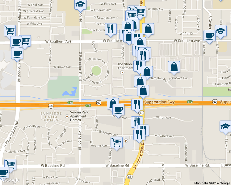 map of restaurants, bars, coffee shops, grocery stores, and more near 1515 South Extension Road in Mesa