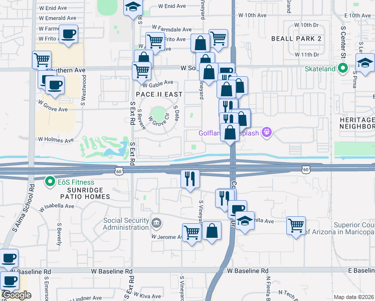 map of restaurants, bars, coffee shops, grocery stores, and more near 1515 South Extension Road in Mesa