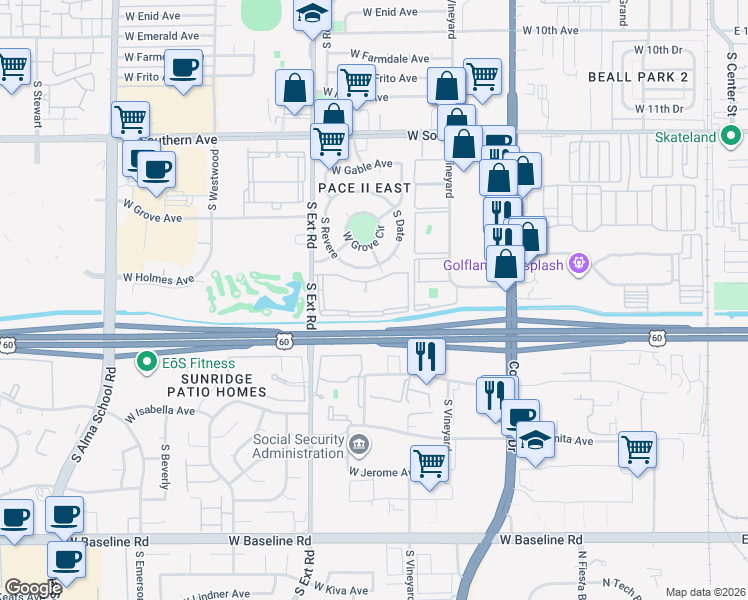 map of restaurants, bars, coffee shops, grocery stores, and more near 1515 South Extension Road in Mesa