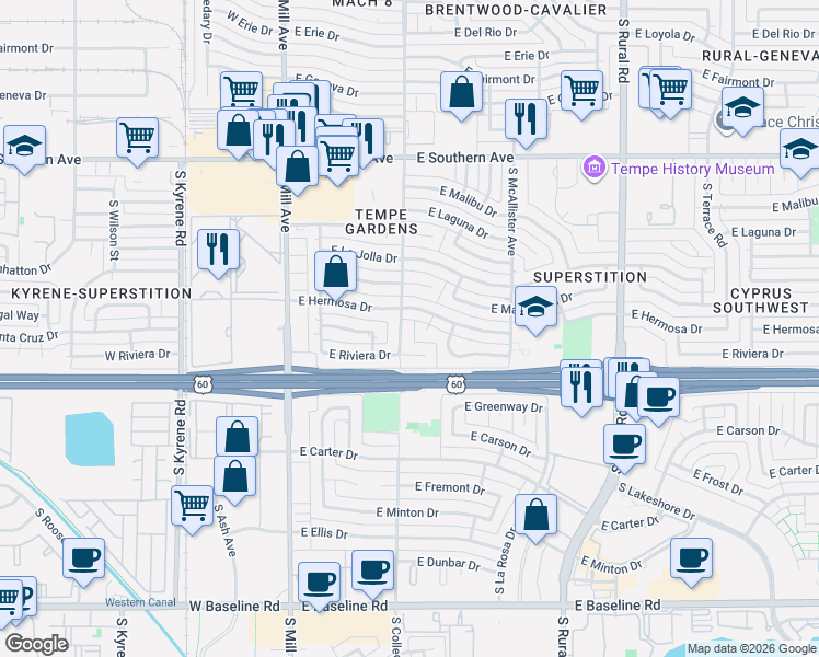map of restaurants, bars, coffee shops, grocery stores, and more near 325 East Hermosa Drive in Tempe