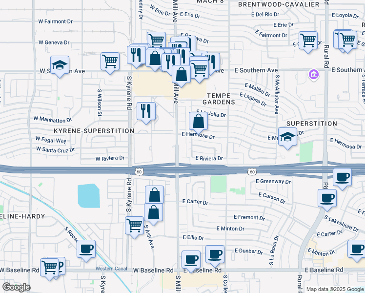 map of restaurants, bars, coffee shops, grocery stores, and more near 4171 South Mill Avenue in Tempe