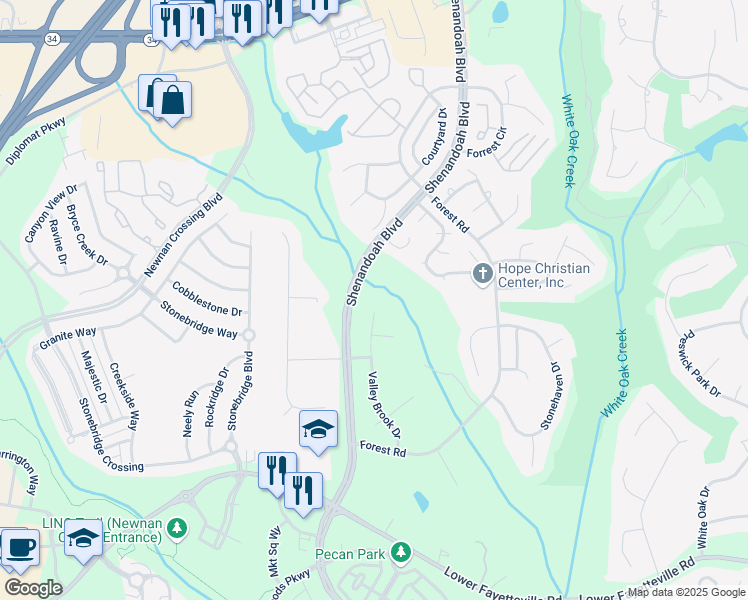 map of restaurants, bars, coffee shops, grocery stores, and more near 200 Valley Brook Drive in Newnan