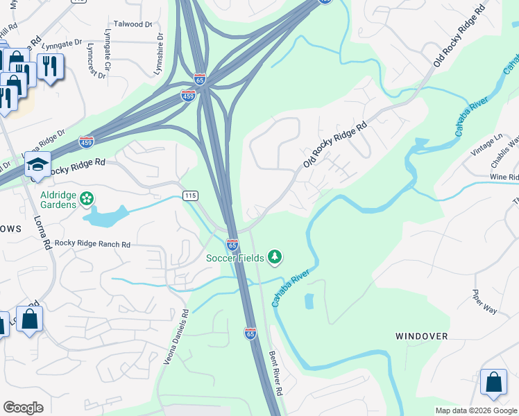 map of restaurants, bars, coffee shops, grocery stores, and more near 2308 Old Rocky Ridge Road in Birmingham