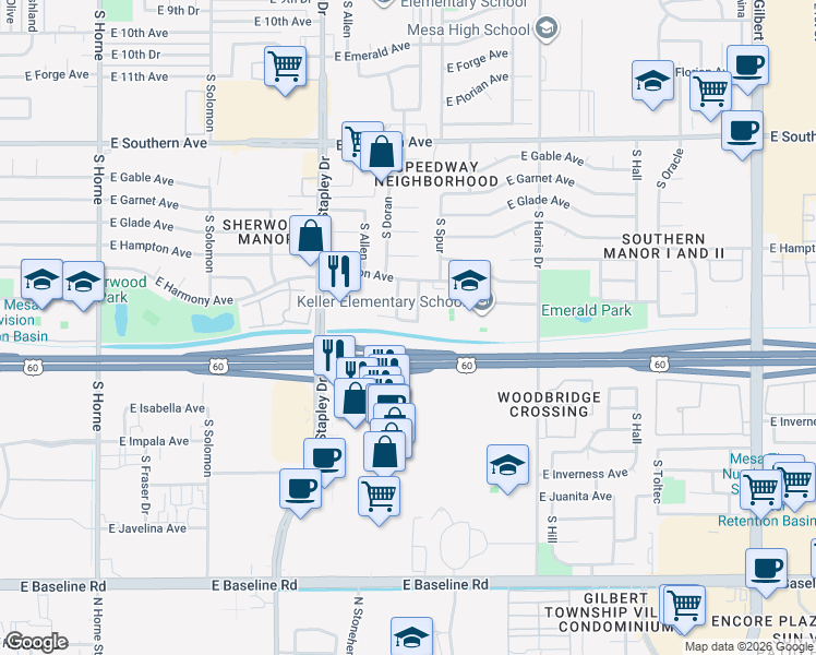 map of restaurants, bars, coffee shops, grocery stores, and more near 1343 East Hopi Avenue in Mesa