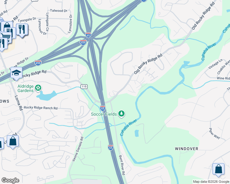 map of restaurants, bars, coffee shops, grocery stores, and more near 2308 Old Rocky Ridge Road in Birmingham