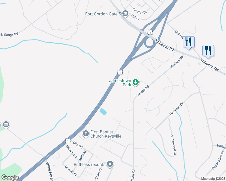 map of restaurants, bars, coffee shops, grocery stores, and more near 3892 Deans Bridge Road in Hephzibah