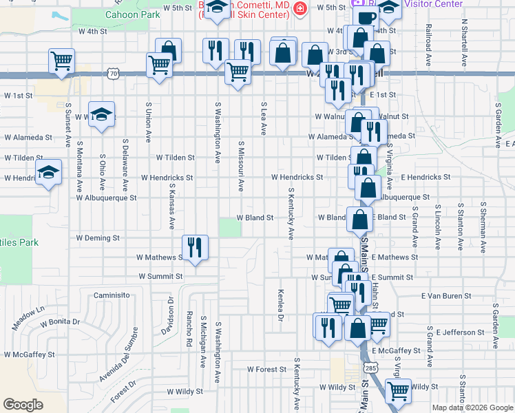 map of restaurants, bars, coffee shops, grocery stores, and more near 600-698 South Lea Avenue in Roswell