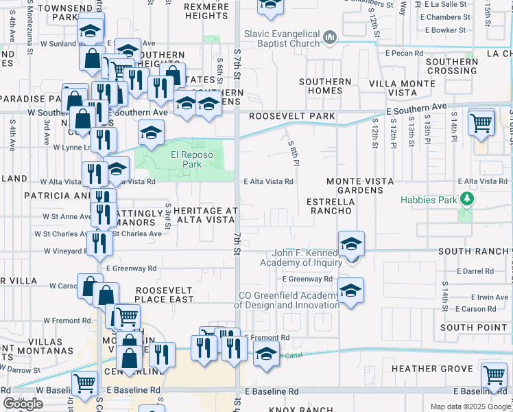 map of restaurants, bars, coffee shops, grocery stores, and more near 6441 South 7th Street in Phoenix