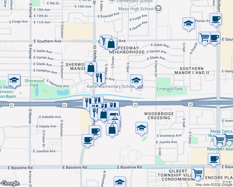 map of restaurants, bars, coffee shops, grocery stores, and more near 1343 East Hopi Avenue in Mesa