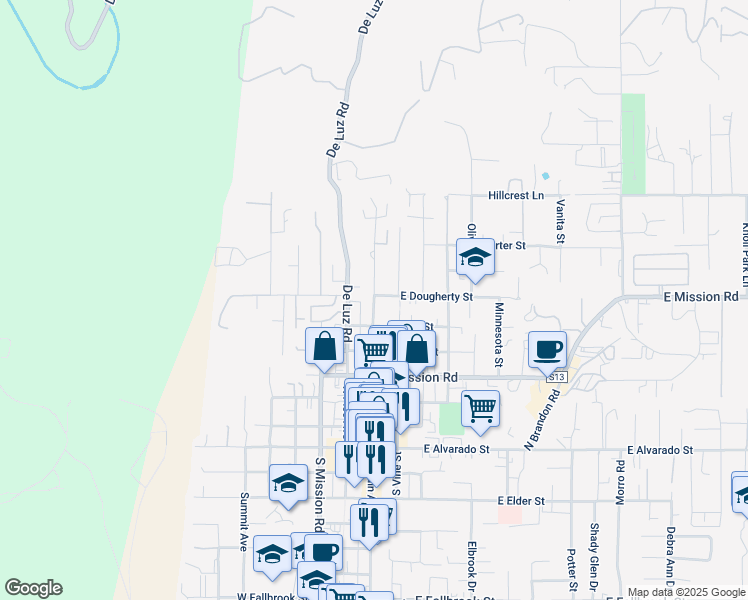 map of restaurants, bars, coffee shops, grocery stores, and more near N Main Ave & W Dougherty St in Fallbrook