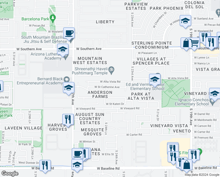 map of restaurants, bars, coffee shops, grocery stores, and more near 2409 West Saint Catherine Avenue in Phoenix